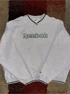 Vintage Style Reebok Women's Gray V-Neck Green Trim Varsity Crewneck Pullover